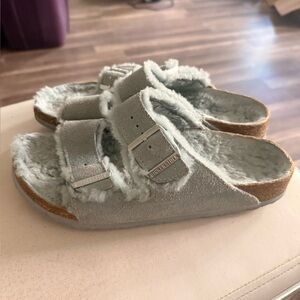 Birkenstock Arizona Shearling Suede Slide Sandals - Light Blue